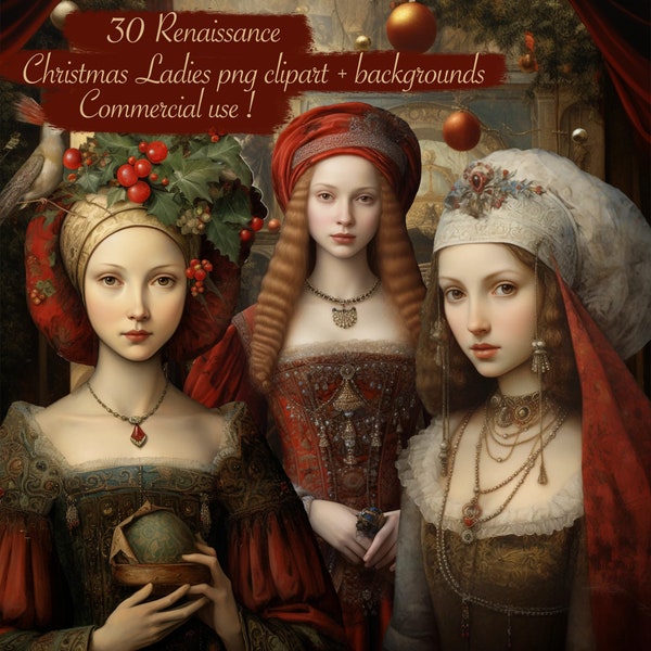 Set van 30 inspirerende Italiaanse Renaissance kerstvakantie dames clipart, plus Renaissance achtergronden, commercieel gebruik!