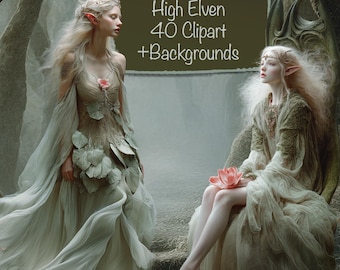 High Elven Characters, 40 Clipart Bundle +  20 Backgrounds, For Cards, Junk Journal, Scrapbook, Collage, Commercial use!