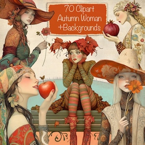 70 PNG Wunderliche Herbst Mädchen Clipart Bundle + 15 Hintergründe, DIY Kartenherstellung, Junk Journal Kit, Scrapbooking Zubehör, kommerzielle Nutzung!