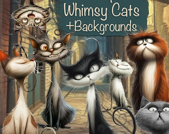 Set of 40 Quirky Whimsy Cats Png + 20 Backgrounds + Sheets - Card Making, Collage Kit, Junk Journal Kit, Scrapbook Supplies, Commercial use!