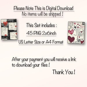 May include: Digital download of 45 red and white heart-themed PNG images, each measuring 2x6 inches. The images are in a collage style with a white background and black text. The text says "Please Note This is Digital Download No items will be shipped! This Set includes: 45 PNG 2x6inch US Letter Size or A4 Format After your payment you will receive a link to download your files! Thank You!"