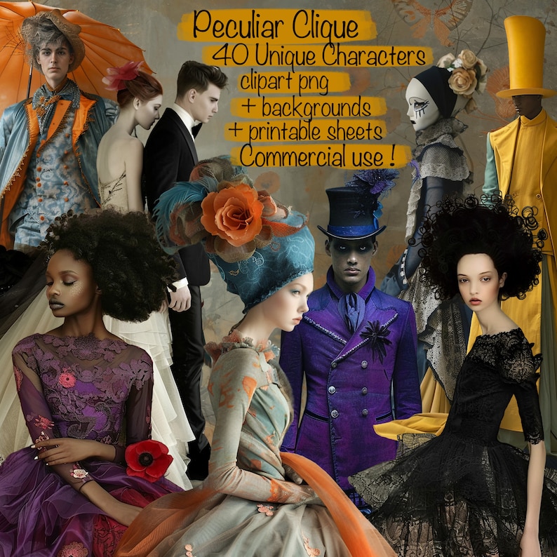 May include: A digital illustration set of 40 unique characters, featuring a variety of people in different styles and clothing. The characters are in a whimsical and eclectic style, with a focus on fashion and detail. The set includes backgrounds and printable sheets.  "Peculiar Clique" and "Commercial use!" are written in the image.