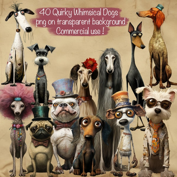 Set of 40 Quirky  Whimsical Dogs  clipart png files on transparent background plus printable sheets, Commercial use