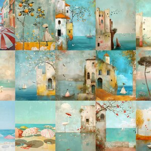 K&ouml;nnte beinhalten: Eine Collage von K&uuml;stenszenen mit Geb&auml;uden, Booten und Figuren. Das Kunstwerk zeigt eine Farbpalette aus Blau-, Orange- und Wei&szlig;t&ouml;nen. Die Szenen umfassen Sonnenschirme an einem Strand, Geb&auml;ude mit orangefarbenen D&auml;chern und Figuren mit Regenschirmen.