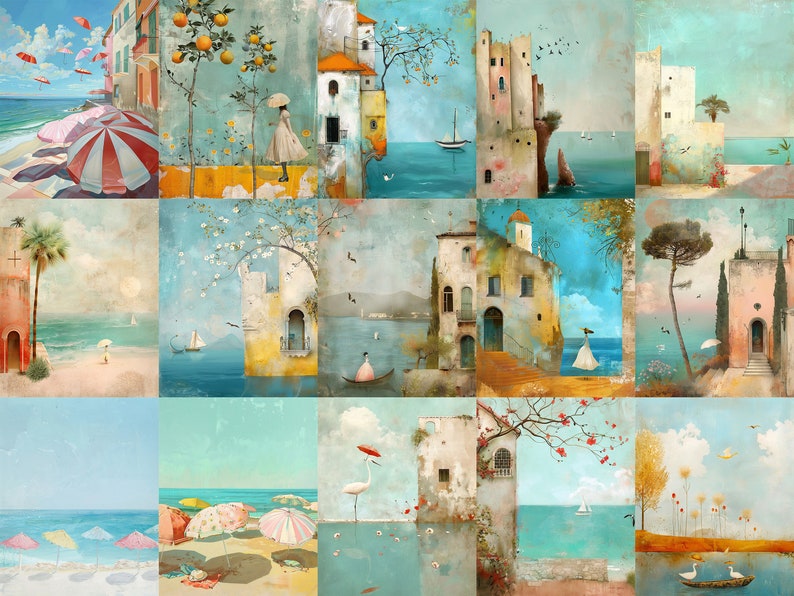 K&ouml;nnte beinhalten: Eine Collage von K&uuml;stenszenen mit Geb&auml;uden, Booten und Figuren. Das Kunstwerk zeigt eine Farbpalette aus Blau-, Orange- und Wei&szlig;t&ouml;nen. Die Szenen umfassen Sonnenschirme an einem Strand, Geb&auml;ude mit orangefarbenen D&auml;chern und Figuren mit Regenschirmen.