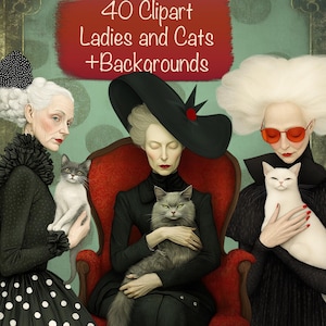 Bundle de 40 cliparts vieille dame avec chat PNG + 15 arrière-plans, fabrication de cartes DIY, kit de journal indésirable, fournitures de scrapbooking, usage commercial !