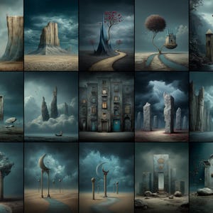Op de afbeelding: Een verzameling surrealistische landschapskunstprints. Elke print toont een unieke, dromerige sc&egrave;ne met torenhoge rotsformaties, kronkelende paden en grillige architectonische elementen onder een dramatische, bewolkte lucht. Het kleurenpalet wordt gedomineerd door gedempte blauwen, grijzen en bruinen.