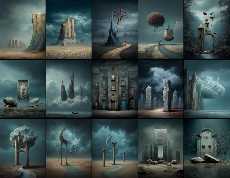 Op de afbeelding: Een verzameling surrealistische landschapskunstprints. Elke print toont een unieke, dromerige sc&egrave;ne met torenhoge rotsformaties, kronkelende paden en grillige architectonische elementen onder een dramatische, bewolkte lucht. Het kleurenpalet wordt gedomineerd door gedempte blauwen, grijzen en bruinen.