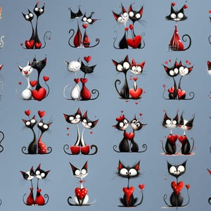 May include: A digital illustration of 20 pairs of black and white cats with red hearts. The cats are in various poses, some are sitting, some are standing, and some are lying down. The hearts are all different sizes and shapes.