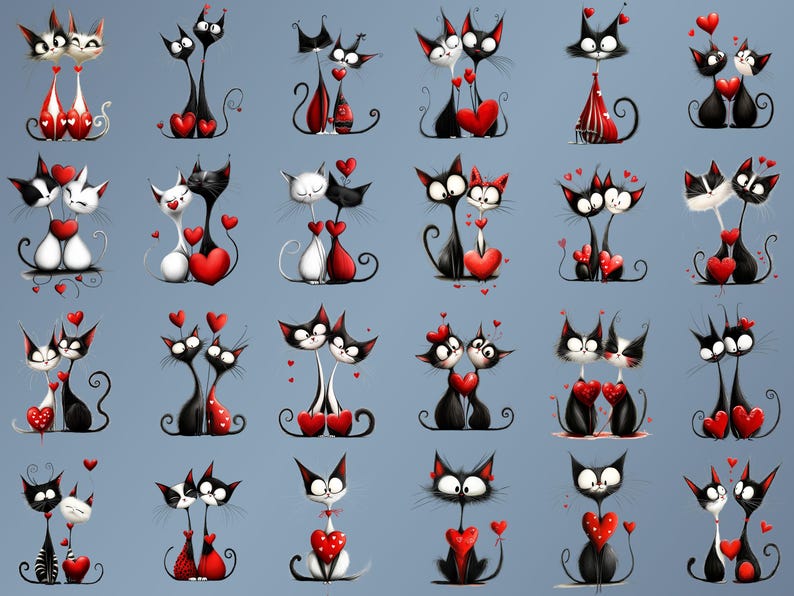 May include: A digital illustration of 20 pairs of black and white cats with red hearts. The cats are in various poses, some are sitting, some are standing, and some are lying down. The hearts are all different sizes and shapes.