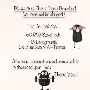 May include: Digital download of 60 black and white cartoon sheep illustrations in PNG format, each measuring 8.5 inches by 11 inches. The set also includes 15 backgrounds in US Letter or A4 format. The image shows a black sheep wearing sunglasses and another black sheep lifting weights.