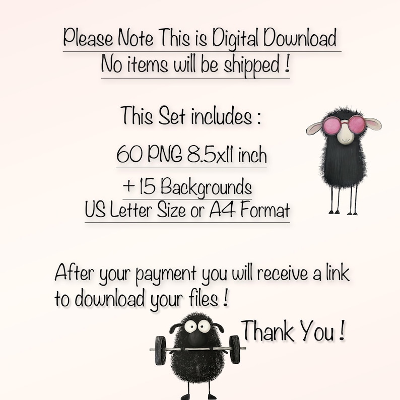 May include: Digital download of 60 black and white cartoon sheep illustrations in PNG format, each measuring 8.5 inches by 11 inches. The set also includes 15 backgrounds in US Letter or A4 format. The image shows a black sheep wearing sunglasses and another black sheep lifting weights.