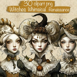 May include: Three digital illustrations of witches wearing elaborate Renaissance-style hats and clothing. The witches have fair skin, large eyes, and long, flowing hair. The background is a soft, golden colour.