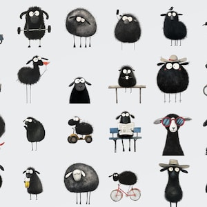 May include: A collection of 20 black sheep illustrations with various activities, including riding a scooter, lifting weights, drinking a glass of wine, riding a bicycle, reading a newspaper, and wearing sunglasses.