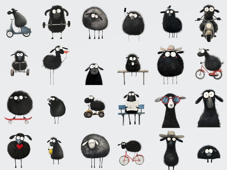May include: A collection of 20 black sheep illustrations with various activities, including riding a scooter, lifting weights, drinking a glass of wine, riding a bicycle, reading a newspaper, and wearing sunglasses.