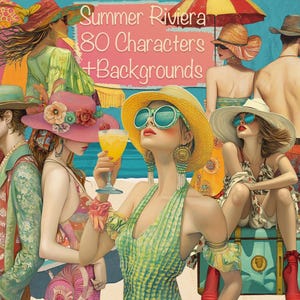 Paquete de 80 imágenes prediseñadas de Whimsical Summer People + 20 fondos, creación de tarjetas DIY, kit de diario basura, suministros para álbumes de recortes, uso comercial.