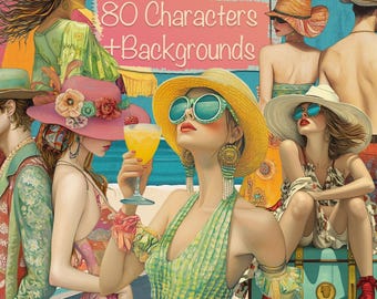 Whimsical Summer People 80 Clipart Bundle + 20 Hintergründe, DIY Kartenherstellung, Junk Journal Kit, Scrapbooking Zubehör, kommerzielle Nutzung!
