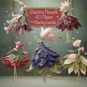Op de afbeelding: Een digitale illustratie met vijf bloemfiguren in verschillende kleuren, waaronder roze, paars en groen. De figuren, met bloemblaadjesrokken en bloemenhoofden, zijn ontworpen als dansers. De tekst "Dancing Flowers 40 Clipart + Backgrounds" is inbegrepen.