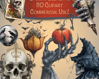 May include: Digital clipart set featuring spooky elements. Includes a skull, tarot cards, a pumpkin held by a skeletal hand, bats, ravens, and a grim reaper. Text reads "Spooky Elements 110 Clipart Commercial Use!"