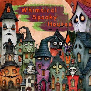 May include: A digital illustration featuring a collection of anthropomorphic houses with faces, including a pumpkin-shaped house, a skull-topped tower, and various spooky structures in orange, purple, and green, with the text Whimsical Spooky Houses.
