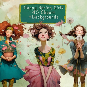 May include: An illustration of three young women with flowers. One holds a pot of pink flowers, another looks upwards, and the third holds a dandelion. The image includes the text "Happy Spring Girls 45 Clipart + Backgrounds."