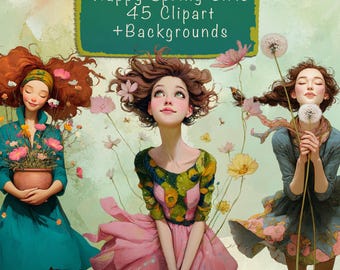 40 Happy Spring Girls Clipart Bundle  + 15 Backgrounds, DIY Card, Junk Journal Kit, Scrapbooking Supplies, Commercial use!