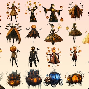 May include: A digital illustration of various Halloween characters and objects, including pumpkins, witches, and haunted houses. The characters are dressed in costumes and have spooky expressions. The objects are decorated with pumpkins and other Halloween symbols.