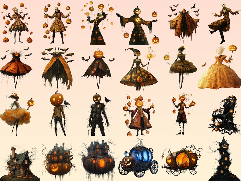 May include: A digital illustration of various Halloween characters and objects, including pumpkins, witches, and haunted houses. The characters are dressed in costumes and have spooky expressions. The objects are decorated with pumpkins and other Halloween symbols.