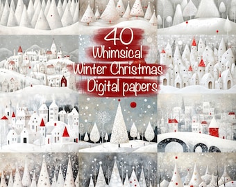 40 Printable Whimsical Winter Christmas Digital Papers - For Crafts, Card Making, Junk Journal, Scrapbooking Supplies, Commercial use!
