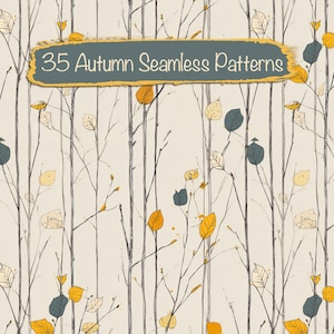 Puede incluir: Ilustración de un patrón sin costuras con ramas de árboles estilizadas y hojas amarillas, azules y blancas. El texto "35 Autumn Seamless Patterns" se muestra en una pancarta en la parte superior.