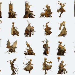 May include: A collection of whimsical illustrations featuring figures in various poses and attire. The characters are dressed in shades of brown, beige, and gold, with some wearing hats, carrying instruments, or riding animals. The overall theme suggests fantasy or historical settings.