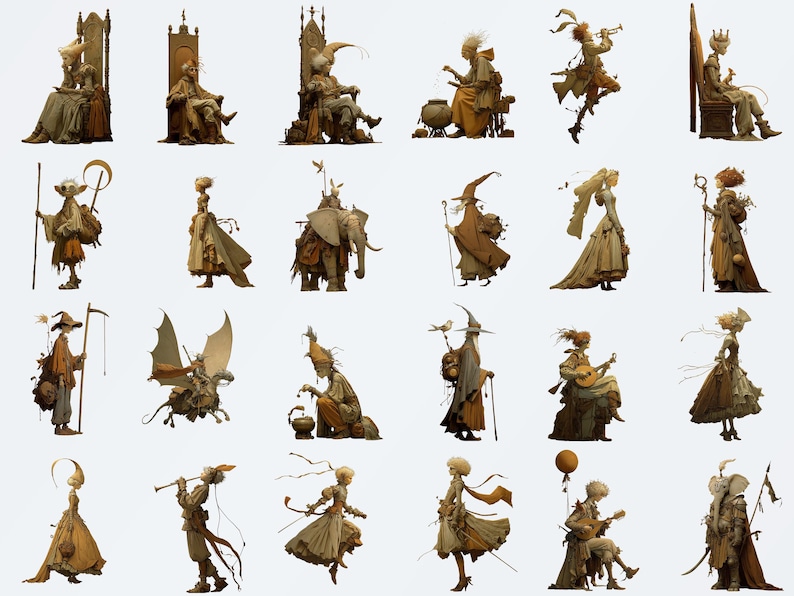 May include: A collection of whimsical illustrations featuring figures in various poses and attire. The characters are dressed in shades of brown, beige, and gold, with some wearing hats, carrying instruments, or riding animals. The overall theme suggests fantasy or historical settings.