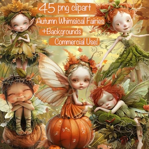 May include: Four whimsical fairies with wings and autumnal attire, including a fairy sitting on a large orange pumpkin. The fairies have large eyes and delicate features. The image has a whimsical and magical feel.