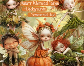 May include: Four whimsical fairies with wings and autumnal attire, including a fairy sitting on a large orange pumpkin. The fairies have large eyes and delicate features. The image has a whimsical and magical feel.