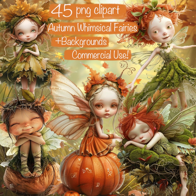 May include: Four whimsical fairies with wings and autumnal attire, including a fairy sitting on a large orange pumpkin. The fairies have large eyes and delicate features. The image has a whimsical and magical feel.