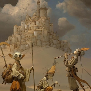 May include: An artistic depiction of a desert scene with three figures in fantastical attire. One figure wears goggles and carries a staff, another plays a trumpet, and a third is kneeling. A large, detailed castle is in the background.