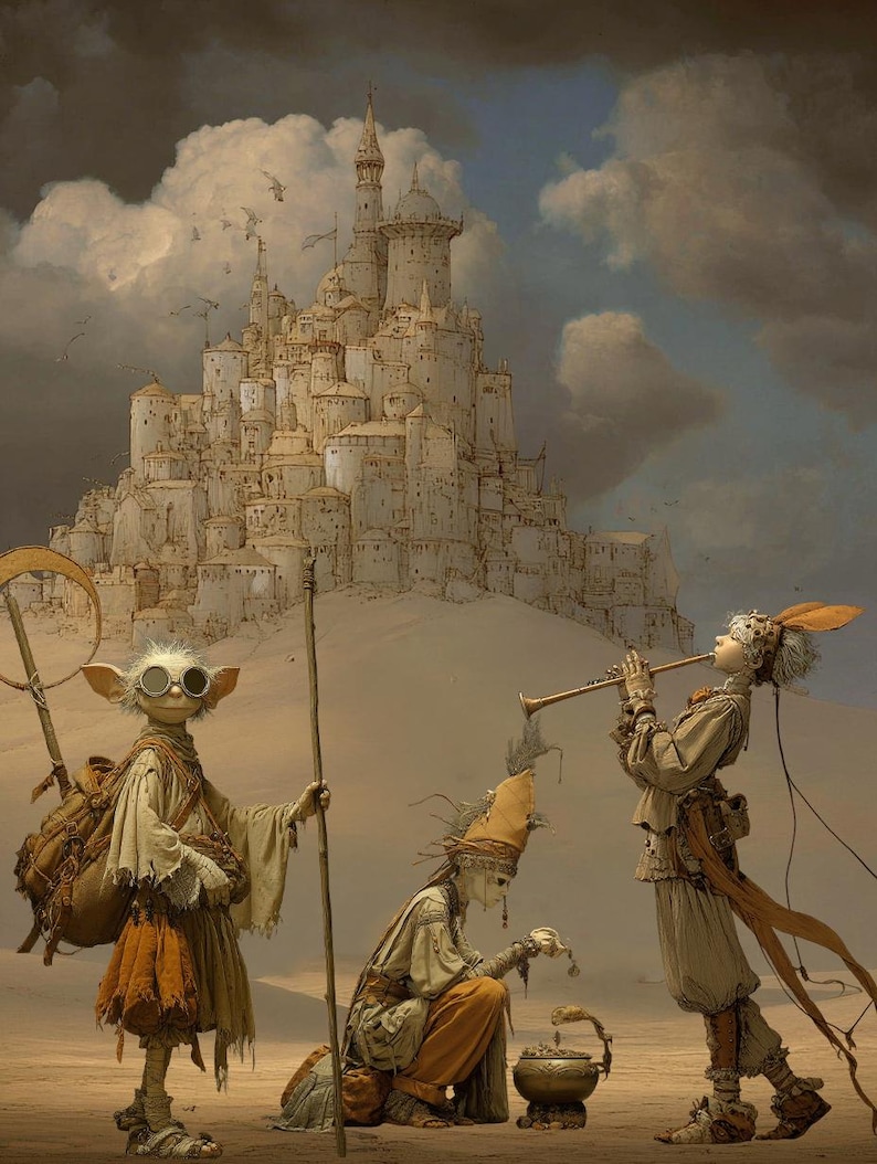 May include: An artistic depiction of a desert scene with three figures in fantastical attire. One figure wears goggles and carries a staff, another plays a trumpet, and a third is kneeling. A large, detailed castle is in the background.