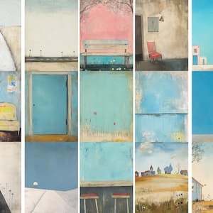 May include: A collage of 12 abstract paintings in muted colors, featuring various scenes including a road, a door, a bench, a chair, a couch, a field of flowers, a house, and a sky. The paintings are all in a similar style, with a focus on texture and color.