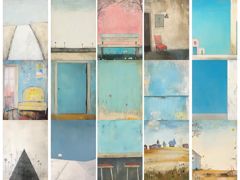 May include: A collage of 12 abstract paintings in muted colors, featuring various scenes including a road, a door, a bench, a chair, a couch, a field of flowers, a house, and a sky. The paintings are all in a similar style, with a focus on texture and color.