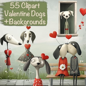 55 wunderliche Valentine Hunde Charaktere Bundle + 15 Hintergründe, DIY Kartenherstellung, Junk Journal Zubehör, Scrapbooking Kit, kommerzielle Nutzung!