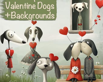 55 Whimsical Valentine Dogs Characters Bundle + 15 Backgrounds, DIY Card Making, Junk Journal Supplies, Scrapbooking Kit, Commercial use!