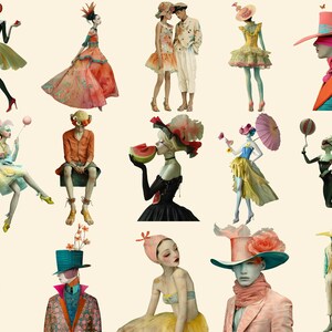 May include: A collection of whimsical figures in various poses and outfits. Some figures wear elaborate hats, while others hold fruit or balloons. The figures are set against a light beige background.