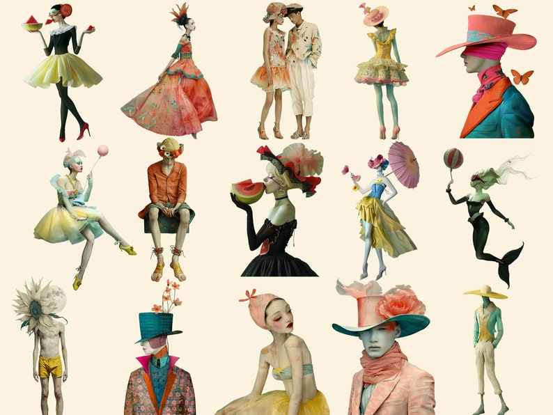 May include: A collection of whimsical figures in various poses and outfits. Some figures wear elaborate hats, while others hold fruit or balloons. The figures are set against a light beige background.