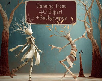 Tanzende Bäume 40 Clipart PNG + 15 Hintergründe - DIY Karten, Junk Journal, Scrapbooking, kommerzielle Nutzung!
