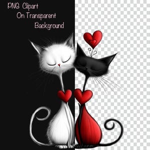 May include: Two cartoon cats, one white and one black, are shown with their heads tilted together. They are holding red hearts in their paws. The background is a transparent checkerboard pattern.