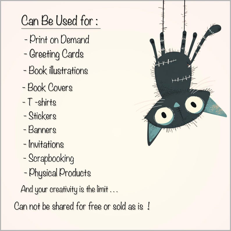 May include: A whimsical illustration of a black cat hanging upside down, with large, expressive eyes and stitched details. Text reads "Can Be Used for: Print on Demand, Greeting Cards, Book illustrations, Book Covers, T-shirts, Stickers, Banners, Invitations, Scrapbooking, Physical Products."