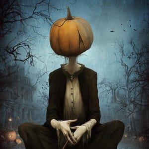 May include: A digital art print of a figure with a pumpkin head, seated in a meditative pose. The figure wears a black coat and white shirt, with a bone in its hands. The background features a spooky forest and a haunted house, with a dark blue sky.