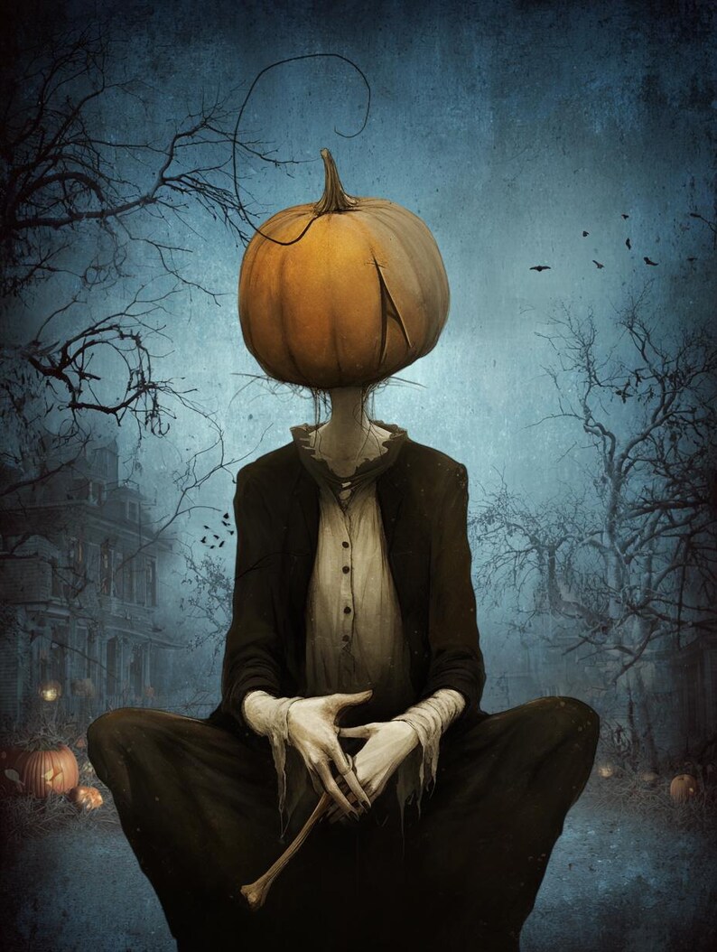 May include: A digital art print of a figure with a pumpkin head, seated in a meditative pose. The figure wears a black coat and white shirt, with a bone in its hands. The background features a spooky forest and a haunted house, with a dark blue sky.