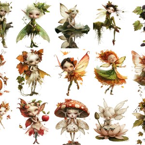 May include: A collection of 16 whimsical fairy illustrations with intricate details. Each fairy is depicted with delicate wings, flowing dresses, and a variety of accessories, including flowers, leaves, and mushrooms. The fairies are set against a white background.