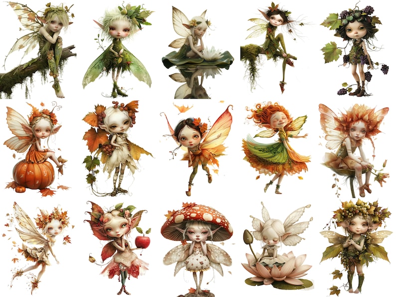 May include: A collection of 16 whimsical fairy illustrations with intricate details. Each fairy is depicted with delicate wings, flowing dresses, and a variety of accessories, including flowers, leaves, and mushrooms. The fairies are set against a white background.
